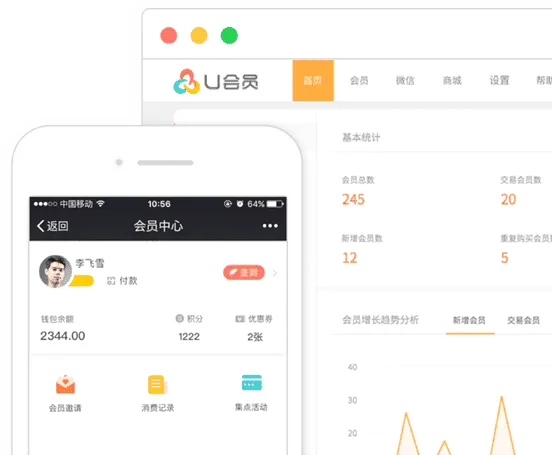 スマートフォンの会員センター画面と、会員数の統計と推移のグラフを表示した会員管理の画面